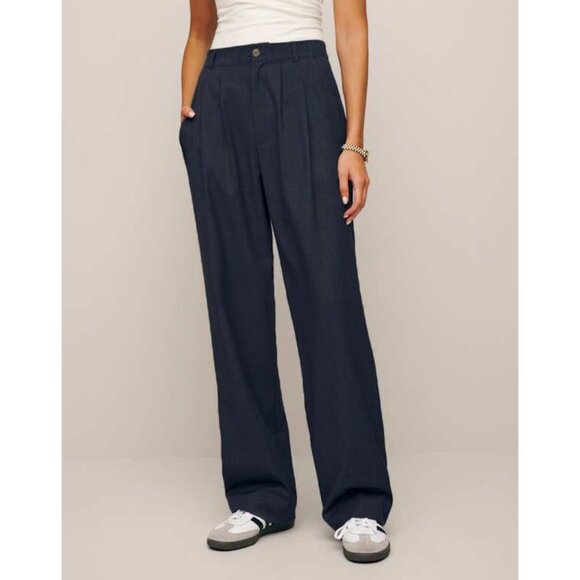New Reformation Mason Wide Leg Lyocell Trouser Navy Blue 8...